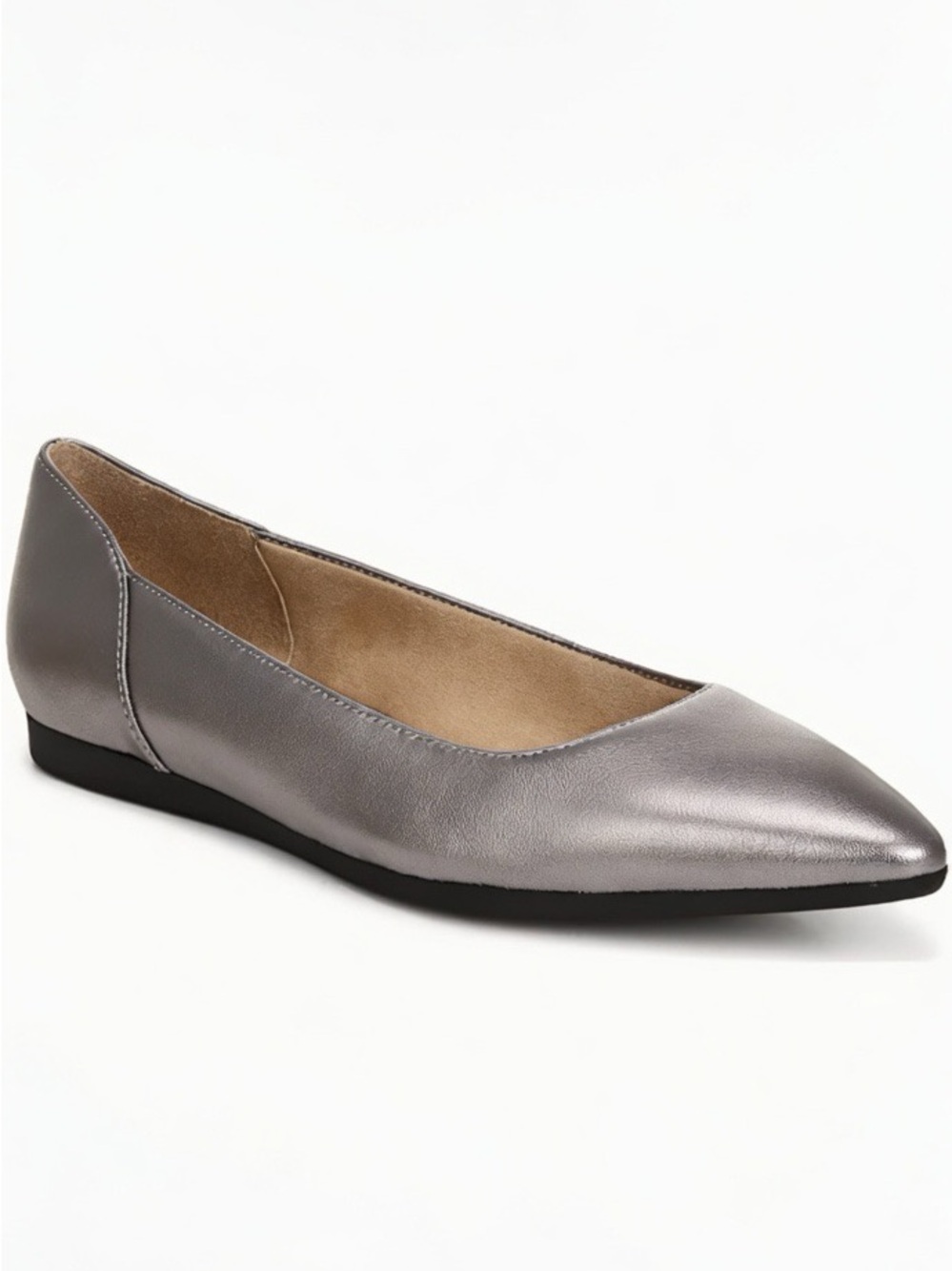 Naturalizer Rayna Leather Pointed Toe Metallic Silver Slip On Loafer Ballet Flat